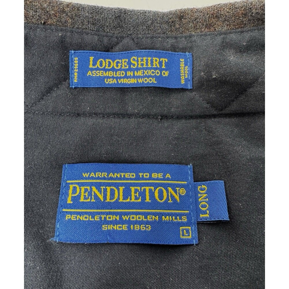Pendleton Lodge Shirt Men’s Large Lng Virgin Wool Plaid Blue Gray Burgundy Camel - Picture 2 of 8